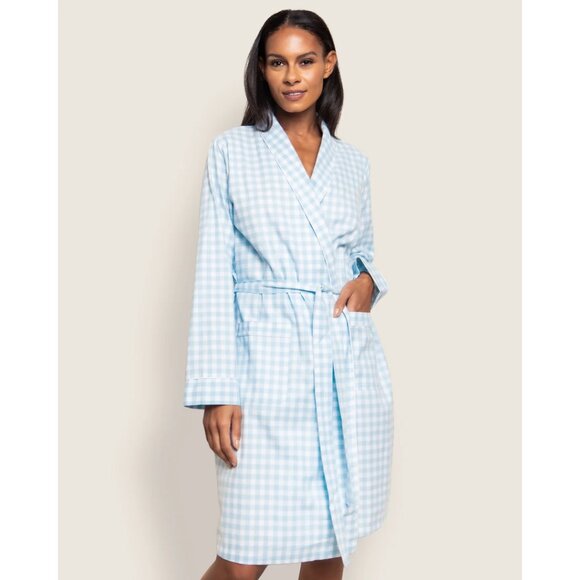 PETITE PLUME Gingham Cotton Robe in Light Blue Gingham Size Medium - Picture 7 of 8